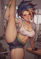 abs ai_generated akali big_breasts blush breasts female gym league_of_legends looking_at_viewer nipples pokies rokc123 see-through short_hair slim_waist standing_split sweat tank_top tattoo tight_clothing