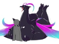 black_skin blush breasts cloak diagonal_stripes facing_viewer female full_body heart horns long_hair motion_lines multicolored_hair no_humans pinstripe_pattern pokemon_(creature) purple_hair simple_background solo standing striped striped_background tail vertical_stripes very_long_hair white_background