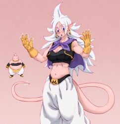 1girls android_21 baggy_pants blue_eyes busty dragon_ball dragon_ball_fighterz dragon_ball_z ftw_arts gloves hoop_earrings majin_android_21 majin_buu majin_mark midriff outfit_swap pink_background pink_skin pointy_ears tail white_hair