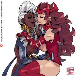 2girls boobs_out breasts breasts_out chocolate_and_vanilla closed_eyes cute dark-skinned_female dark_skin earrings female female_only finger_on_chin holding_waist in_love interracial lesbian_couple lesbian_focus light-skinned_female light_skin long_hair looking_at_partner marvel marvel_comics marvel_rivals mutant_(marvel) nekitoototo ororo_munroe peaceful scarlet_witch scarlet_witch_(marvel_rivals) sigh smiling storm_(marvel_rivals) storm_(x-men) superhero_costume superheroine sweet thighhighs thighs wanda_maximoff white_hair x-men yuri