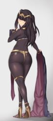 1girls ass aster_crowley back back_view bangs big_ass black_hair blunt_bangs blush body_writing bodystocking bodysuit book breasts cape crossed_legs english_text fire_emblem fire_emblem_awakening from_behind full_bodystocking goth hair_ornament high_heels large_ass long_hair looking_at_viewer looking_back milf nintendo purple_eyes sideboob simple_background skin_tight standing text tharja_(fire_emblem) thighlet thighs tiara