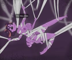 1girls 5_eyes arthropod arthropod_abdomen asking_for_help big_breasts blush breasts colored female helpless looking_at_viewer low_oil monster_girl muffet naked naked_female non-human_feet solo solo_female spider_girl spider_web thick_thighs tied_up undertale undertale_(series)
