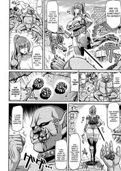 1girls ahemaru anrietta armor ass big_ass cleavage dat_ass eating english_text female goblin goblin_male heroic_fantasy huge_breasts male market onna_senshi_to_goblin right_to_left size_difference speech_bubble straight