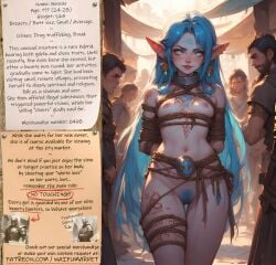 ai_generated anime beautiful blue_hair bondage bondage bounty_hunters collar earrings edited elf fantasy female fictional goblin green_eyes hairy_pussy market naked nude photoshop pussy_hair roleplay ropes slave slavegirl slavery small_boobs small_breasts small_tits tattoos waifu
