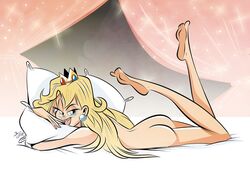 1girls ass bed bed_sheet blonde_hair blue_eyes crown curtains earrings feet feet_up female female_only full_body half-closed_eyes hug hugging_pillow long_hair looking_back lying_down mario_(series) naughty_face nintendo nude pillow princess_peach smile solo teeth themrock