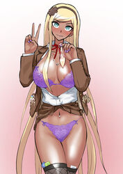 1girls akizora blonde_hair blue_eyes bra danganronpa dark_skin female female_only gyaru kuro_gyaru long_hair nail_polish panties sonia_nevermind straight_hair tagme v