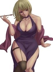 alternate_costume big_breasts blonde_hair booozu_0 breasts cleavage dress facial_scar female female_only garter_straps gintama hair_down hourglass_figure kimono kiseru medium_hair purple_eyes scar scar_across_eye single_thighhigh smoking smoking_pipe solo tsukuyo wide_hips