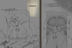1boy 1girls ass big_ass big_breasts blindfold breasts city clothing english_text expansion female giantess giantess_growth growth hairband huge_ass lapotato8 light-skinned_female light_skin macro male monochrome nier nier:_automata short_hair size_difference text white_hair yorha_2b yorha_9s