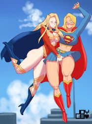 2girls abs ass blonde_hair blue_eyes blush breast_grab breasts cape clara_haruka clothed clothing dc dc_comics duo eighth_wonder embarrassed female female_only fingering fingering_under_skirt flustered flying groping heart highres huge_breasts joylewds kara_danvers kara_zor-el long_hair looking_at_viewer multiple_girls muscle muscular_female one_eye_closed smile supergirl superheroine superman_(series) text uchi_no_musume_ni_te_o_dasu_na! watermark wink yuri