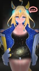 ... ahoge animal_ears blue_eyes blush breasts coat collarbone expressionless female hair_between_eyes hair_ornament highres horse_ears horse_girl jacket long_hair long_sleeves multicolored_hair naked_jacket neo_universe_(umamusume) pov simple_background solo space two-tone_hair umamusume umamusume_pretty_derby