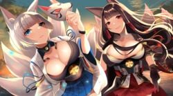 2girls akagi_(azur_lane) animal_ears azur_lane bangs black_kimono blunt_bangs breasts cleavage eyebrows_visible_through_hair eyeliner eyeshadow fox_ears fox_girl fox_mask fox_tail gloves hakama_skirt highres holding holding_mask japanese_clothes kaga_(azur_lane) kimono kitsune large_breasts makeup mask multiple_girls multiple_tails partly_fingerless_gloves red_eyes red_skirt sanba_tsui skirt tail white_hair white_kimono wide_sleeves