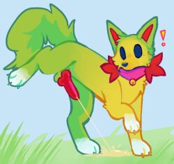 all_fours ambiguous_gender anatomically_correct anatomically_correct_genitalia anatomically_correct_penis animal_genitalia animal_penis anonymous_artist balls being_watched bodily_fluids bright_colors canid canine canine_genitalia canine_penis canis claws collar colored colorful_theme digital_media_(artwork) empdeer(happy_valley) erection feral feral_peeing fox fur genital_fluids genitals green_body green_fur hi_res knot knotted_penis looking_at_another looking_at_viewer male mammal no_pupils paws peeing peeing_on_ground penis quadruped shaded side_view simple_background simple_shading solo solo_focus tail urine urine_on_ground urine_stream white_paws yellow_body yellow_fur