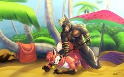 2boys abs animal_ears bara beach couple day facial_hair furry horns looking_at_viewer male male_focus muscles nipples nude orange_hair palm_tree pectorals pointy_ears pokemon_(creature) sky smile solo tail thick_thighs thighs towel tree yaoi