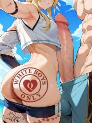 1boy 1girls ai_generated armpits ass ass_focus big_ass bleached blonde_female blonde_hair breasts duo female genshin_impact head_out_of_frame hjqjjwbeb huge_ass huge_cock light-skinned_female light-skinned_male lumine_(genshin_impact) male muscular penis queen_of_hearts raceplay shorts smirk tagme
