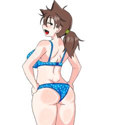 1girls amano_megumi amano_megumi_wa_suki_darake! arms ass back back_view bra brown_hair closed_eyes female huge_ass legs lpogo open_mouth panties ponytail smile solo white_background