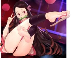 1girls bar_censor barefoot blush brown_hair censored demon_slayer feet female female_only flip_flops foot_fetish forklift_certified gag highres kamado_nezuko kimetsu_no_yaiba legs long_hair looking_at_viewer md5_mismatch plantar_flexion presenting_feet pussy pussy_peek rezodwel sandals sitting soles solo thick_thighs thighs toes v