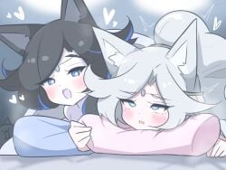 2girls black_hair blue_eyes cat_ears death's_daughter_lunacia heart konpee nyanko_daisensou pillow salvations_daughter_lunacia the_battle_cats white_hair
