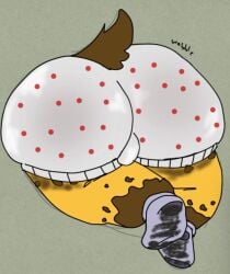 anthro ass backsack balls big_butt briefs brown_tail bulge butt_focus butt_jiggle clothing dirty dirty_clothing dirty_socks footwear fur genitals half-length_portrait hyena jiggling male male/male mammal markings onomatopoeia portrait socks solo sound_effects spots spotted_body spotted_fur spotted_hyena tail text underwear unknown_artist wobble