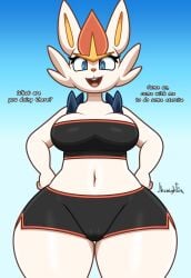 big_breasts breasts cinderace cleavage female furry huge_breasts jhenightfox pokemon pokemon_(species) tagme thick_thighs wide_hips
