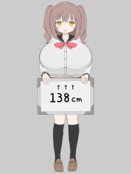 1girls big_breasts blush breasts breasts_bigger_than_head eyebrows eyebrows_visible_through_hair eyelashes facing_viewer female female_focus female_only full_body grey_hair holding holding_object huge_breasts large_breasts looking_at_viewer medium_hair original original_character ribbon school_uniform shortstack skirt solo solo_female solo_focus standing tied_hair twintails yellow_eyes