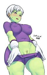 1girls 2019 abs alien alien_girl alternate_breast_size areolae ass big_ass big_breasts blush breasts cheelai curvy dated dragon_ball dragon_ball_super erect_nipples female female_focus female_only flashing gloves green_skin half-closed_eyes hourglass_figure humanoid large_breasts looking_down midriff navel nipples open_mouth pants_down pink_eyes pose pubic_hair pubic_hair_peek pussy see-through see-through_bra shirt short_hair shorts simple_background skimpy_clothes skin_tight solo standing tagme text thick_thighs tsukudani_(coke-buta) tukudani very_short_hair watermark white_background white_hair wide_hips worried