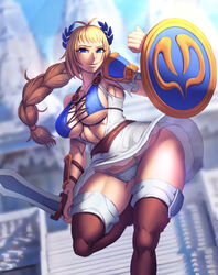 1girls big_breasts blonde_hair blue_eyes breasts cleavage female female_only large_breasts lycra_(artist) milf panties silf solo sophitia_alexandra soul_calibur soul_calibur_ii soul_calibur_iii thighhighs