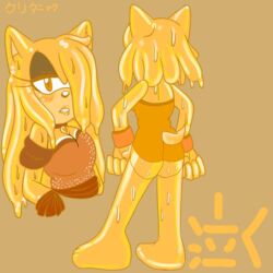 1girls ass back back_view bodysuit fan_character fc female front_view gold_eyes golden_eyes japanese_text moon oc original_character sonic_(series) sonic_oc yellow_eyes yellow_fur yellow_hair