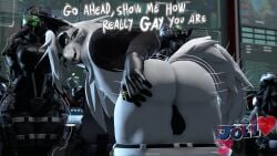 3d_(artwork) absurd_res anthro armor ass balls bodily_fluids bottomwear bottomwear_down breasts canid canine canis clothed clothing dialogue digital_media_(artwork) embarrassed female full_armor genitals group headgear hellhound_(petruz) helmet hi_res hybrid joellovejuno looking_away looking_back male mammal pants pants_down partially_clothed ring screen source_filmmaker_(artwork) sweat sweatdrop tail text tiangou_(petruz) wolfdog