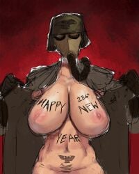 1girls astra_militarum big_areola big_breasts big_nipples big_thighs body_writing breasts brown_clothing busty busty_female death_korps_of_krieg enormous_breasts female female_pubic_hair fit_female flashing gas_mask gigantic_breasts guardswoman_(warhammer_40k) happy_new_year huge_breasts human human_female imperial_guard large_breasts lewdpencil presenting presenting_breasts pubic_tattoo shiny_skin showing_breasts tagme warhammer_(franchise) warhammer_40k writing_on_body