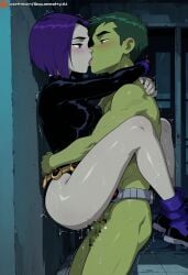 ai_generated big_ass big_breasts blush blush bodysuit breast_squeeze breasts deep_penetration detailed_background female fluids grabbing lifted lifting male/female male_penetrating medium_breasts muscular_legs nipples on_back penis purple_eyes purple_hair raven_(dc) restrained sex short_hair shy solo spread_legs squeeshyai standing standing_sex teen teen_titans teenager vagina vaginal_penetration vaginal_penetration vaginal_sex