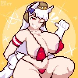 1girls :) areola areolae armband bikini breasts female female_only gloves gold_ship_(umamusume) hat horse_ears horse_girl horse_tail huge_breasts leg_up long_hair micro_bikini navel nipple_bulge nipples octotron2000 pixel_art red_eyes self_upload smile solo solo_female tail thick_thighs umamusume umamusume_pretty_derby white_hair wide_hips