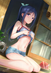 blue_hair breasts cut-off_jeans denim_shorts detailed_background eyebrows_visible_through_hair female female_only hair_tie jean_shorts long_hair love_live! love_live!_sunshine!! matsuura_kanan medium_breasts midriff mignon purple_eyes shirt_lift short_shorts shorts smile tank_top tank_top_lift watermelon