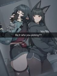 2girls ai_assisted ai_generated animal_ears black_footwear black_hair black_hoodie black_necktie black_pantyhose black_thighhighs bright_pupils closed_mouth grey_jacket highres hood hoodie hoshimi_miyabi jacket jane_doe_(zenless_zone_zero) long_hair looking_at_mirror mirror mouse_girl multiple_girls necktie pantyhose phone sidillusts thighhighs thighs torn_clothes torn_pantyhose torn_thighhighs very_long_hair zenless_zone_zero