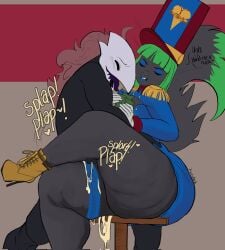 anthro arty_(ascendedarty) avian bird black_body black_fur corvid dialogue duo female fur ground_squirrel hi_res male male/female mammal money oscine passerine rodent sciurid sex squigga tagme thigh_sex thigh_strap unknown_artist
