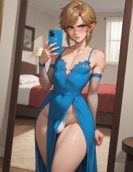 ai_generated angry blonde_hair blue_eyes blushing bulge crossdressing dress femboy fishnet_armwear link link_(breath_of_the_wild) mirror mirror_selfie panties phone selfie the_legend_of_zelda the_legend_of_zelda:_breath_of_the_wild
