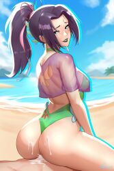 1boy 1boy1girl 1girls 2d 2d_(artwork) anal anal_sex artist_name beach beach_background blue_eyes blue_eyes_female blue_lipstick blush blush_lines choker cum cum_in_ass cum_inside cum_on_ass earring female male marvel marvel_comics marvel_rivals nude_male penis penis_in_ass ponytail psylocke psylocke_(breezy_butterfly) psylocke_(marvel_rivals) purple_hair purple_hair_female reverse_cowgirl_position see-through_clothing swimsuit tackery unseen_male_face