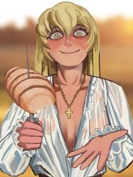 19th_century 1girls allegorica bead_necklace bite_mark blonde_hair bread cleavage cross cross_necklace dagger female green_eyes light-skinned_female light_skin looking_at_viewer offering offering_food see-through smile translucent_clothing white_shirt