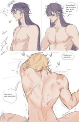 2boys artist_request backshots blonde_hair blue_eyes covering_face english_text flins_(genshin_impact) gay gay_male gay_sex genshin_impact hoyoverse long_hair male male_only purple_hair scars varka_(genshin_impact) yellow_eyes