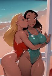 2girls ai_generated beach black_hair blonde_hair blue_eyes brown_eyes caucasian covered_navel dark-skinned_female dark_skin disney embrace embracing erslait eyelashes hawaiian highleg_swimsuit kissing_cheek large_breasts lifeguard_(lilo_and_stitch) light-skinned_female light_skin lilo_and_stitch lips long_hair looking_at_another nani_pelekai narrow_waist ocean one-piece_swimsuit outdoors skintight smile swimsuit tight_clothing wet_skin wide_hips yuri