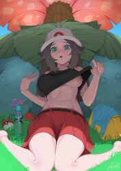 1girls aged_up alternate_breast_size ambiguous_gender breasts brown_hair eye_contact female feral flashing green_eyes hat human impossible_shirt komadera large_breasts leaf_(pokemon) legs looking_at_viewer miniskirt nintendo pokémon_(species) poke_ball pokemon pokemon_(species) pokemon_frlg shirt shirt_lift size_difference skirt smaller_female source_request sweat text thick_thighs underboob venusaur wariza watermark wet wholesome wide_hips