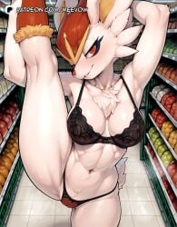 (creature) 1girls abs ai_generated animal_ears animal_nose armpits artist_name black_bra black_panties body_fur bra breasts cinderace female furry furry_female indoors kneepits large_breasts lingerie looking_at_viewer meevow navel panties patreon_username pokemon rabbit_ears rabbit_girl red_eyes red_hair shop smile solo split standing standing_on_one_leg standing_split stomach tail toned underwear underwear_only watermark web_address white_fur