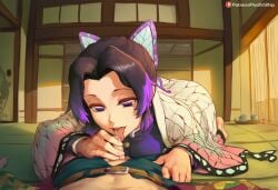 -_-abc 1boy 1girls ai_generated all_fours bed bedroom black_hair blue_eyes bow clothed cock_worship demon_slayer japanese japanese_house kochou_shinobu laying_down licking_penis micro micropenis on_all_fours patreon patreon_link patreon_url patreon_username small_dick small_penis tagme tomioka_giyuu two_tone_hair