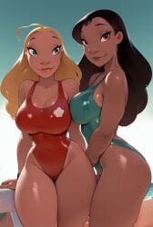 2girls ai_generated beach black_hair blonde_hair blue_eyes brown_eyes caucasian cleavage covered_navel dark-skinned_female dark_skin disney erslait eyelashes hawaiian highleg_swimsuit large_breasts lifeguard_(lilo_and_stitch) light-skinned_female light_skin lilo_and_stitch lips long_hair nani_pelekai ocean one-piece_swimsuit outdoors skintight sky smile swimsuit tight_clothing wet_skin wristband yuri