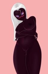 1girls absurdres alien alien_girl angry black_skin breasts crossed_arms duck_dodgers facial_mark female highres long_hair milky_way_(artist) navel nipples nude purple_eyes pussy pussy_juice queen_tyr'ahnee simple_background solo white_hair