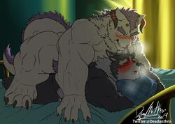 2boys 3_eyes anal anthro bed behemoth_(tokyo_afterschool_summoners) blush breath deadanthro gay male male/male male_only monster multi_ear multi_eye musclegut muscular muscular_male overweight panting pillow sex tokyo_afterschool_summoners tsathoggua tusks video_games yaoi