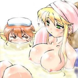2girls bangs bathing blonde_hair blush breast_envy breasts brown_eyes brown_hair eighth_note female green_eyes hair_up huge_breasts large_breasts long_hair looking_at_breasts multiple_girls musical_note nipples nude short_hair spoken_musical_note steam towel towel_on_head water
