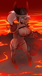 big_breasts big_thighs ciking female_only hammer helmet lava leslie_brown long_hair looking_at_viewer magma medieval shoes shoulder_pads smile smiling_at_viewer suria_(the_rock_cocks) taking_off_bra taking_off_panties tattooed_arm the_rock_cocks volcano white_hair