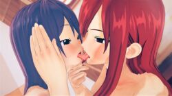 2girls bangs black_eyes blue_eyes blue_hair blurry blush couple depth_of_field eye_contact female french_kiss half-closed_eyes indoors kissing long_hair looking_at_another multiple_girls nude profile red_hair saliva school_uniform short_hair tongue tongue_out upper_body yuri