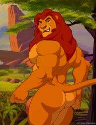 1boy anthro ass back_muscles bara bubble_butt color dat_ass digital_media_(artwork) disney eyes eyes_open fangs feline flaccid furry gay grin highres humanoid_penis kihu lion looking_at_viewer looking_back male male_only mane mouth mufasa muscle muscles muscular muscular_male nipples no_humans open_mouth outdoors pecs penis pinup red_eyes red_fur smile solo solo_male tail teeth the_lion_king thighhighs tongue uncensored url yaoi