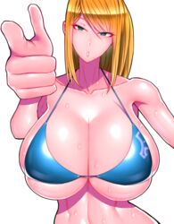 bangs bikini_top blonde_hair blue_eyes breasts cleavage female huge_breasts long_hair metroid mole_under_mouth nintendo samus_aran sidelocks sweat wolffeld_price